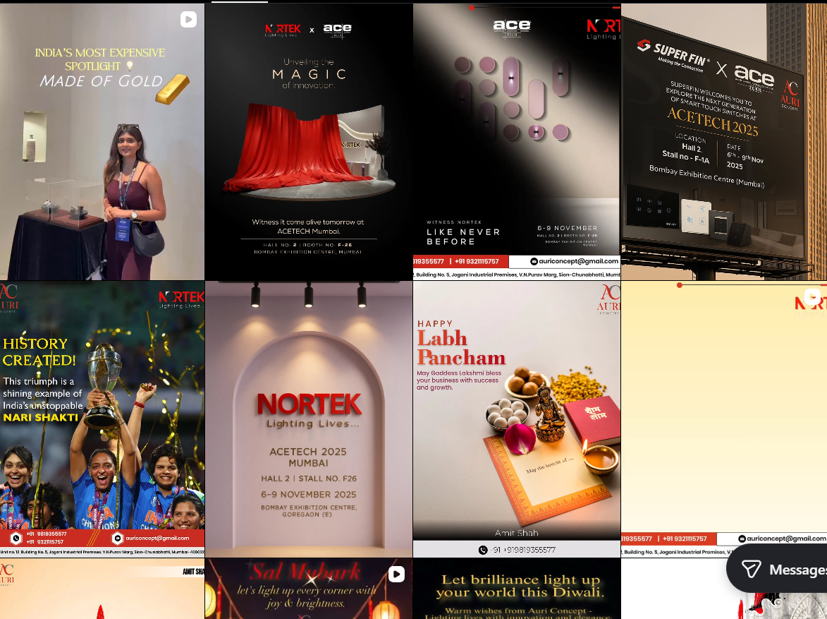 Auri Concept Instagram grid: luxury lighting and interiors